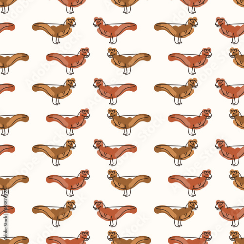 Seamless background Carnotaurus dinosaur print gender neutral baby pattern. Simple whimsical minimal earthy 2 tone color. Kids nursery wallpaper or boho cartoon animal fashion all over print