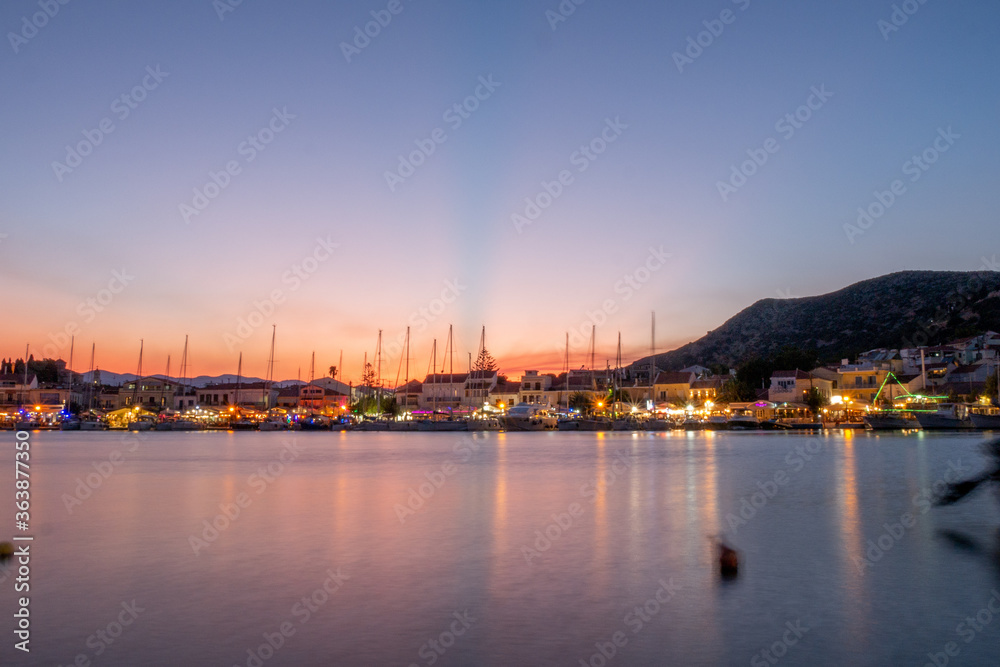 Samos island. Greece. Sea and pythagorion village background by night long exposure