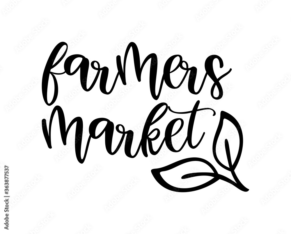 Fototapeta premium Farmers market hand drawn doodles badges, logo, icon, label. Vector brush lettering typography - farmers market on a white background. Farm market natural organic product brand sign symbol.