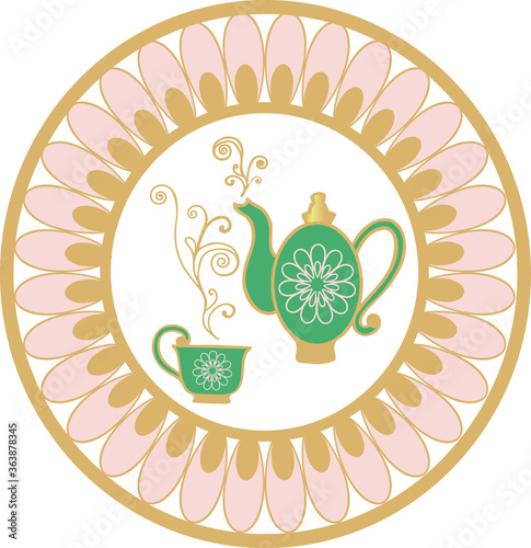 Vector Art Deco tea party tea cup and pot placement print. Great for invitations, embroidery, textile details.