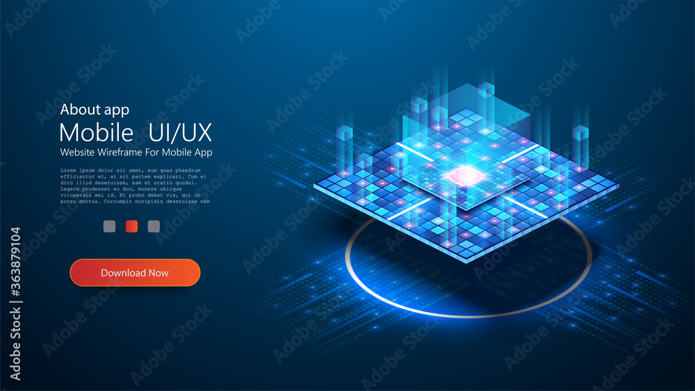 Futuristic microchip processor with lights on blue background. Quantum computer or block chain of abstract finance data. Blockchain fintech technology and mining cryptocurrency. Vector illustration