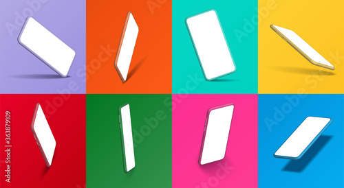 Smartphone frameless blank screen, rotated position. 3d isometric illustration cell phone. Smartphone perspective view for banner,poster,brand,template and label, packing,emblem and advertise. Vector