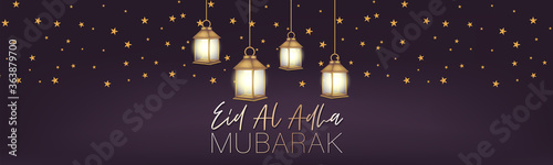 Eid Al Adha Mubarak banner or header. Muslim holiday of sacrifice. Islam religious celebration. Arabic design concept. Golden lanterns and stars, calligraphy lettering. Vector illustration.