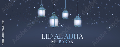 Eid Al Adha Mubarak banner or header. Muslim holiday of sacrifice. Islam religious celebration. Arabic design concept. Golden lanterns and stars, calligraphy lettering. Vector illustration.
