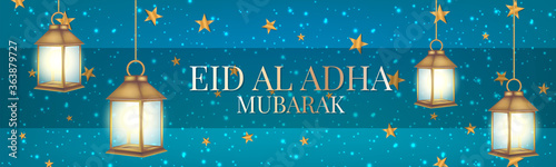 Eid Al Adha Mubarak banner or header. Muslim holiday of sacrifice. Islam religious celebration. Arabic design concept. Golden lantern and stars, calligraphy lettering on blue background.