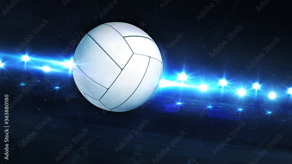Obraz premium Flying Volleyball Ball And Shiny Spotlights Behind. Digital 3D illustration of sport equipment for background use. 