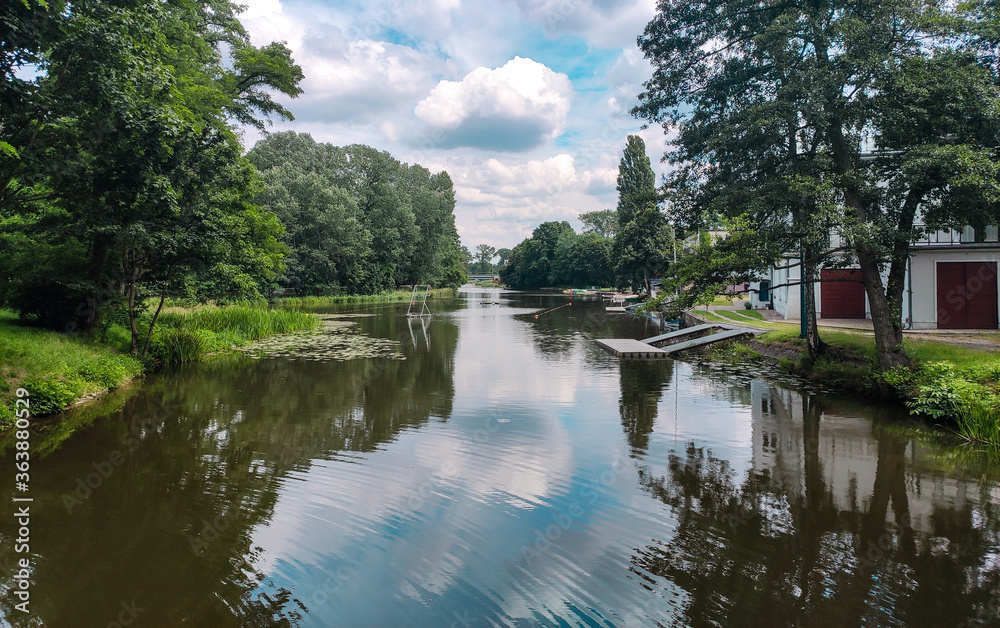 Prosna river in Kalisz in summer. Poland Prosna river