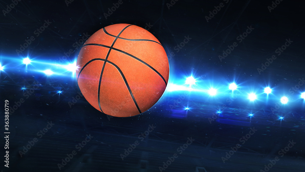 Flying Basketball Ball And Shiny Spotlights Behind. Digital 3D illustration of sport equipment for background use.
