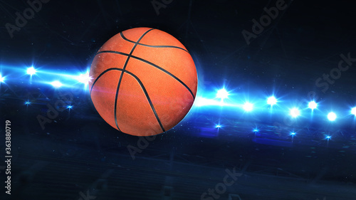 Flying Basketball Ball And Shiny Spotlights Behind. Digital 3D illustration of sport equipment for background use. © LeArchitecto