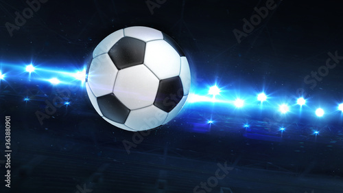 Flying Soccer Ball And Shiny Spotlights Behind. Digital 3D illustration of sport equipment for background use.