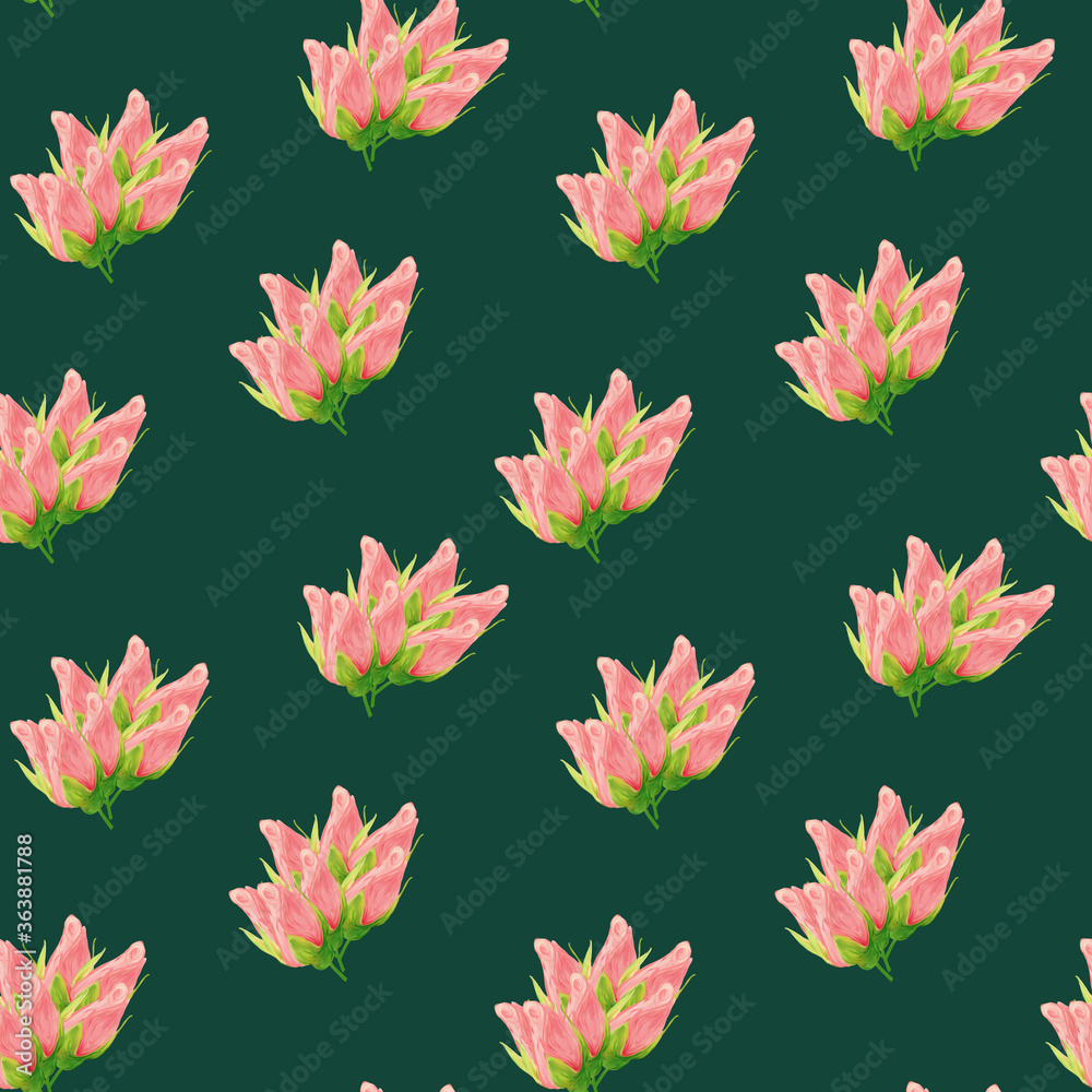 Floral seamless pattern made of roses. Acrilic painting with pink flower buds on background. Botanical illustration for fabric and textile, packaging, wallpaper