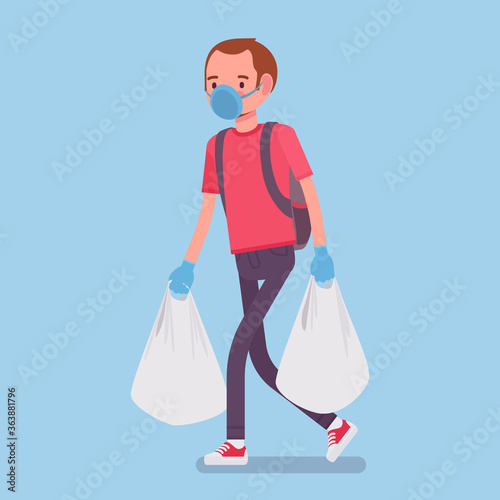 Man shopping, wearing mask, gloves for personal health care, protection during pandemic. Male consumer carrying supermarket bags purchasing in grocery store. Vector flat style cartoon illustration