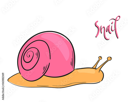 Cartoon pink snail character illustration. Cute vector art with hand lettering isolated on white background. Minimalist art element for card, coloring book, children game or print.