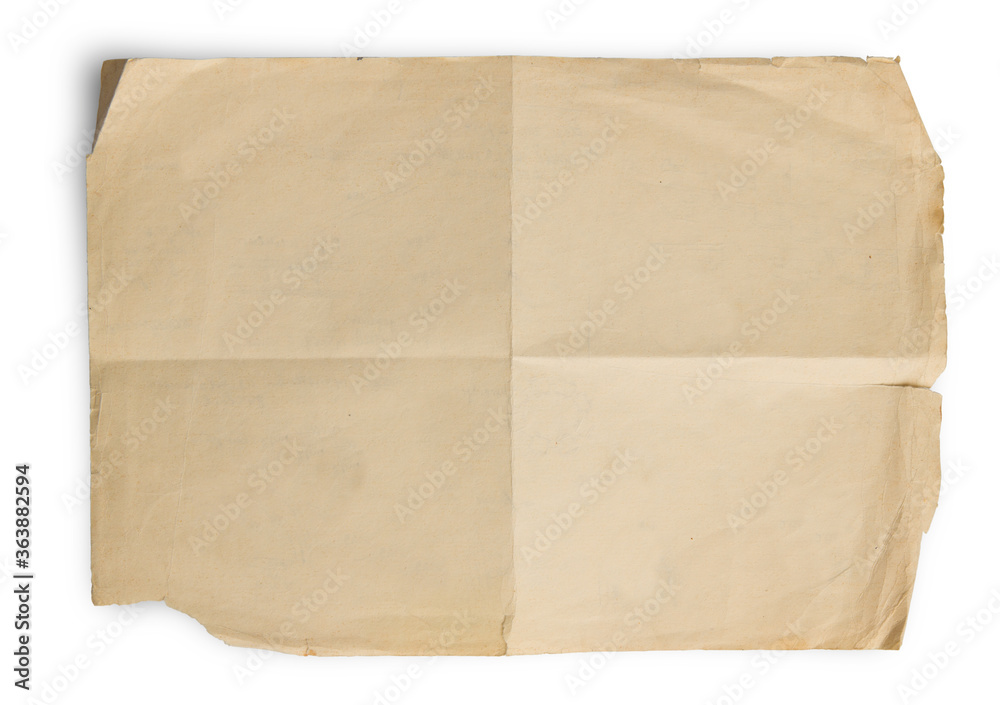 Old yellowed sheet of paper with shabby edges with empty place for text. Isolated on white background with Clipping Path Old yellowed sheet of paper with shabby edges with empty place for text. Isolated on white background with Clipping Path