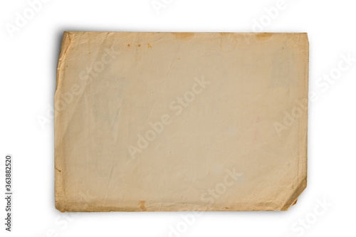 Old yellowed sheet of paper with shabby edges with empty place for text. Isolated on white background with Clipping Path
