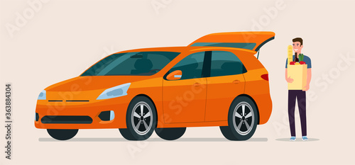 Young man carry grocery bags in car. Vector flat illustration.