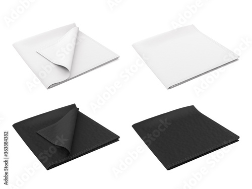 Realistic set of scarf, shawl, kerchief, bandana, handkerchief, rag, cloth, towel, napkin. Black and white moсkup, template for design presentation. 3d render.