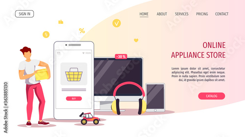Web page design template for Appliance store, Online Shopping, Home delivery, E-commerce, Mobile marketing. Vector illustration for poster, banner, website, commercial.