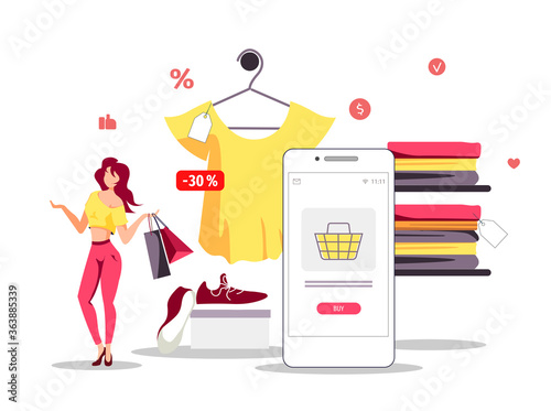 Woman with purchases and phone. Clothing store, Online Shopping, Mobile marketing, E-commerce concept. Isolated vector illustration for poster, banner, commercial.