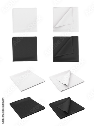 Black and white set of scarf, shawl, kerchief, bandana, handkerchief, rag, cloth, towel, napkin. Template for design presentation. Different angle. 3d render.