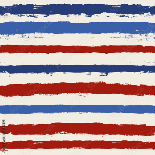 Hand drawn striped pattern, red and blue vertical stripe seamless background in USA patriotic style, watercolor brush strokes. vector grunge stripes, retro paintbrush line backdrop