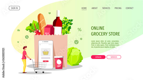 Young man with trolley, groceries and smartphone. Grocery store, Online Market, Home delivery, Shopping concept. Vector illustration for poster, banner, website, commercial.