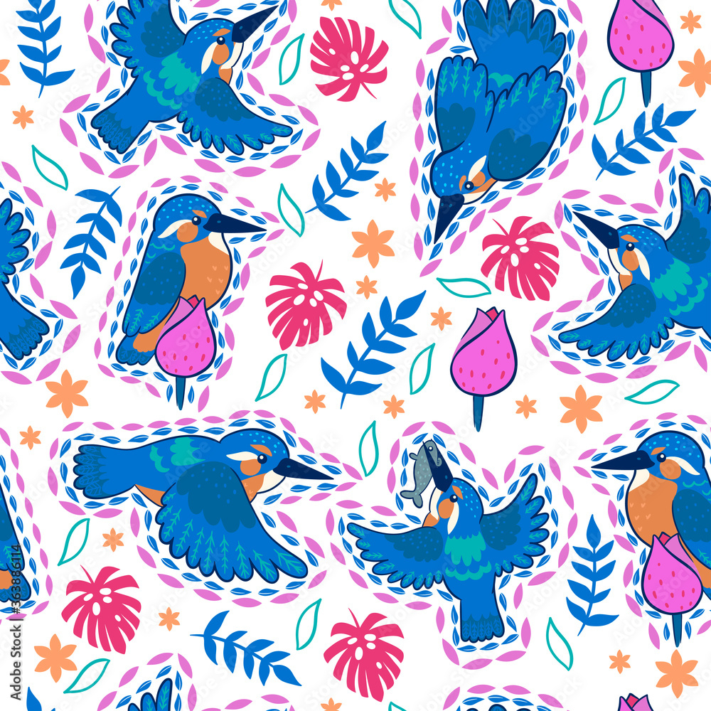 Fototapeta premium Kingfisher seamless pattern on white background. Vector graphics.