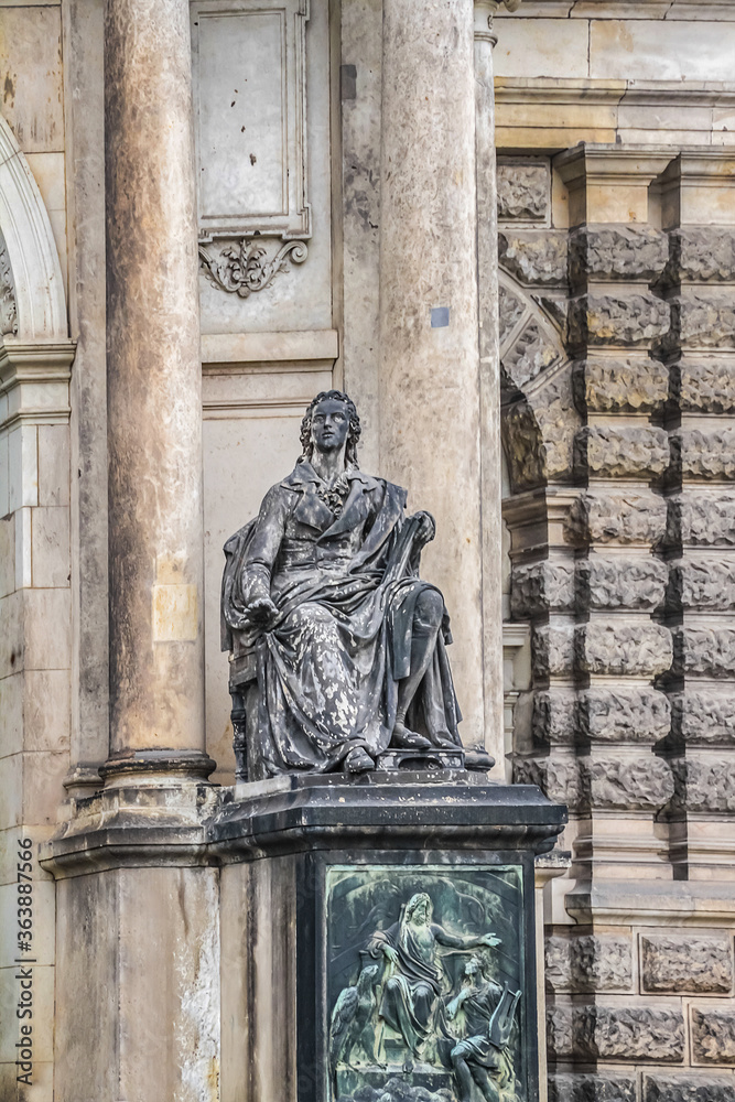 Architectural fragments of Opera House (The Semperoper) - the Saxon State Opera Dresden, Germany. Building (1841) located near the Elbe River in the historic centre of Dresden