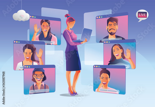 Businessmen use Video conference landing. People on window screen taking with colleagues. Videoconferencing and online meeting workspace page, man and woman learning. Vector illustration, Flat