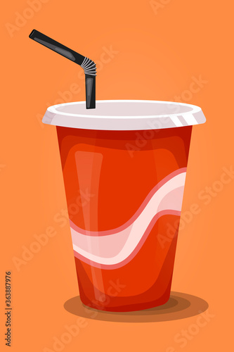 Disposable cup with drink and straw. AI illustration red plastic cup of beverage.