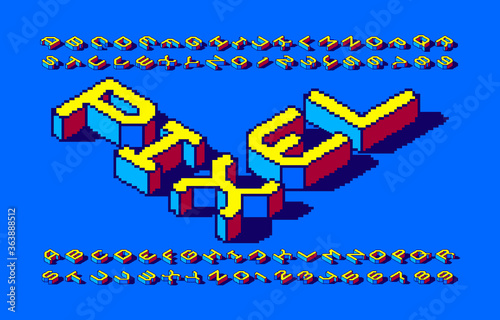 Pixel Isometric alphabet font. 3d letters and numbers with shadow. 80s arcade video game typescript.