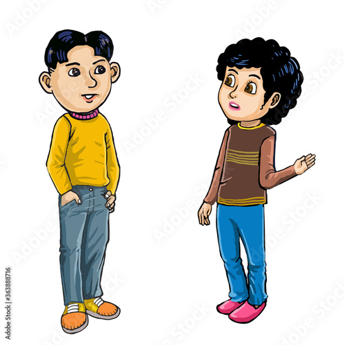 Cartoon boy and girl standing, talking, and smiling.
