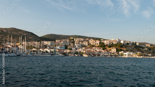 Samos island. Greece. Sea and pythagorion village background. with collorful boats