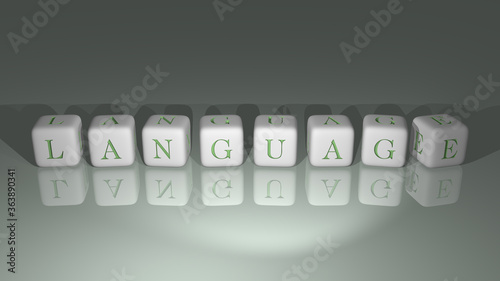 alphabetic LANGUAGE arranged by cubic letters on a mirror floor, concept meaning and presentation in 3D perspective. illustration and background