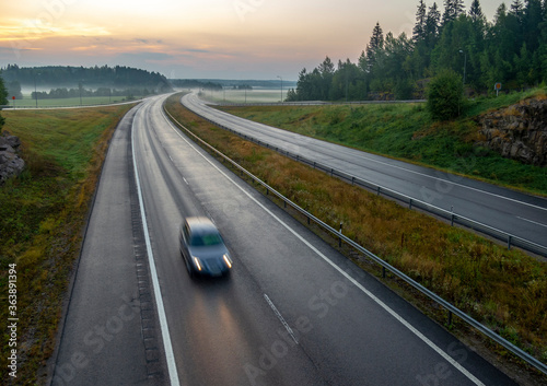 Highway in Finland at sunrise