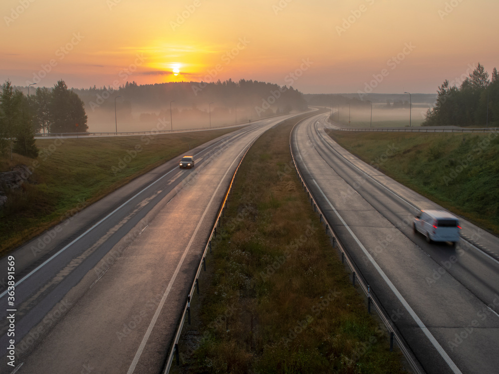 Highway in Finland at sunrise