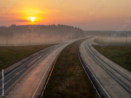 Highway in Finland at sunrise