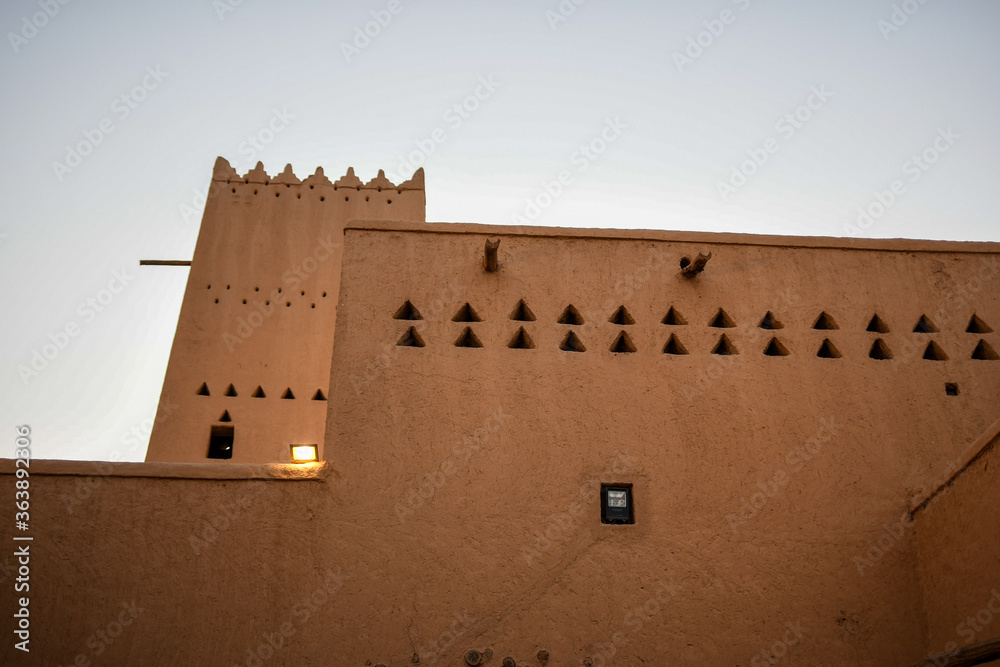 Traditional Arabic building facade in Al Deera Area in Riyadh, Saudi Arabia