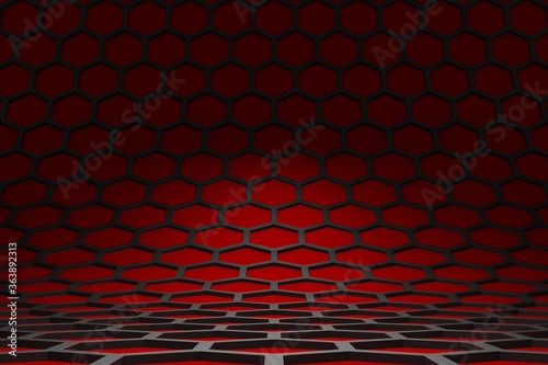 3D rendering of curved hexagonal red and grey pattern. © Piotr