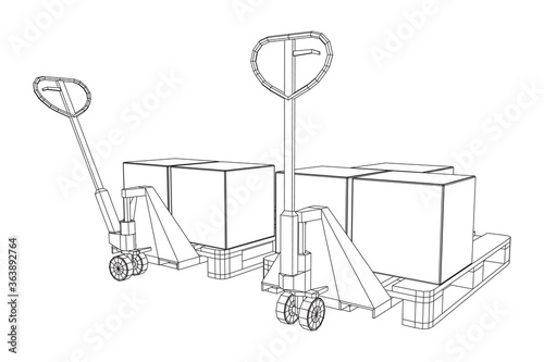 Hand pallet jack lift with pallet and stacked goods cardboard boxes. Manual forklift. Logistics shipping concept. Wireframe low poly mesh vector illustration.