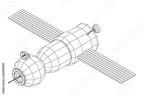 Space station communications satellite. Wireframe low poly mesh vector illustration.