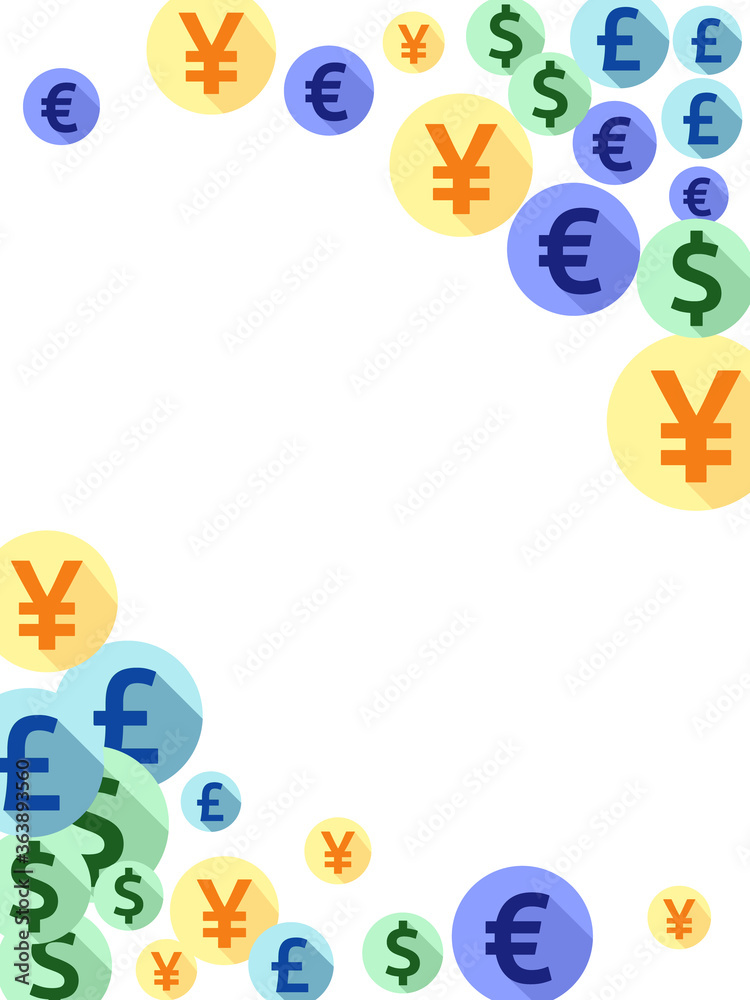 Euro dollar pound yen round symbols flying money vector background. Income concept. Currency Euro dollar pound yen round symbols flying money vector background. Income concept. Currency