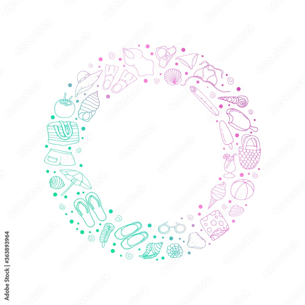 Summer. Set with accessories for the resort. Beach accessories on a white background. Vector isolated illustration with hat, umbrella, ball, swimsuit, shorts, ice cream. Summer. Set with accessories for the resort. Beach accessories on a white background. Vector isolated illustration with hat, umbrella, ball, swimsuit, shorts, ice cream.