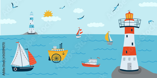 Horizontal background with seascape in flat style . Summer banner with ships, a lighthouse, boat. Vector illustration
