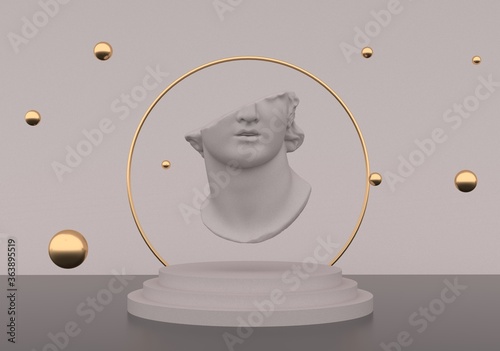 Fragment of broken colossal head sculpture in classical antique style. 3D rendered illustration. photo