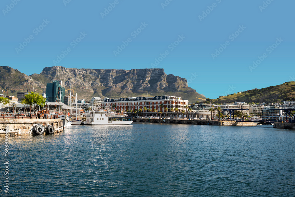 Table Mountain and Cape Town waterfront with blue sky
