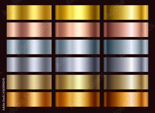 Gold rose, silver, bronze, copper and golden foil texture gradation background set. Vector shiny metalic gradient collection for border, frame, ribbon, label design