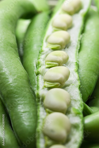 Broad beans close up, green, raw and fresh  shelled fava beans and seed pods full frame natural background 