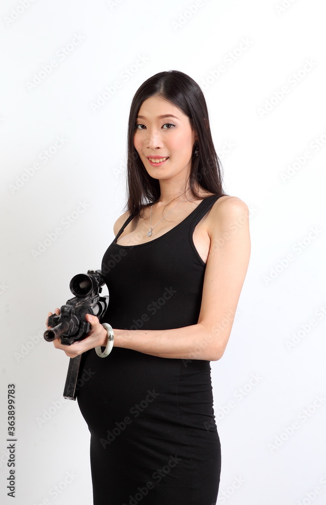 eight months pregnant on white background.