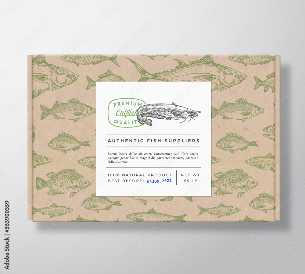 Fish Pattern Realistic Cardboard Box with Banner. Abstract Vector Packaging Design or Label. Modern Typography, Hand Drawn Catfish Silhouette. Craft Paper Background Layout.